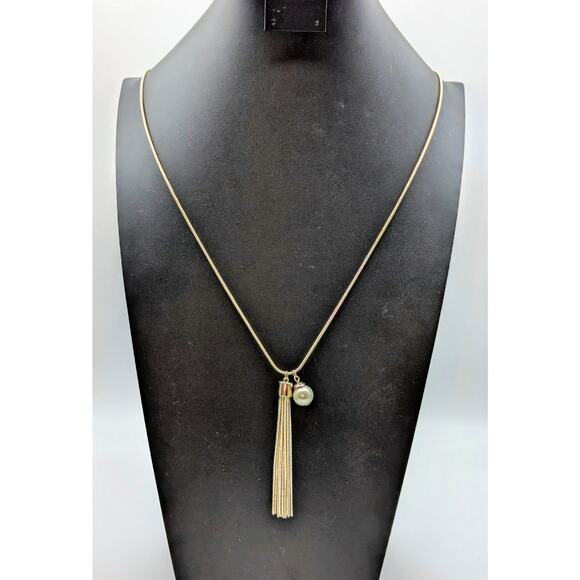 Silver Tone Snake Chain Faux Pearl Charm Tassel 34" Long Necklace - Picture 1 of 5
